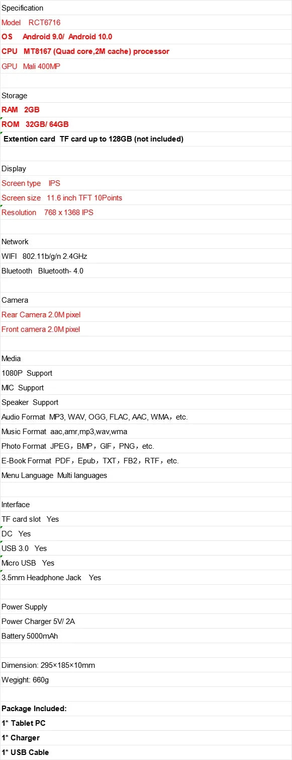 Glavey 11.6" Android 10 Tablet | MT8167 Quad-Core | 2GB+32GB | IPS | 5000mAh | WiFi | CE