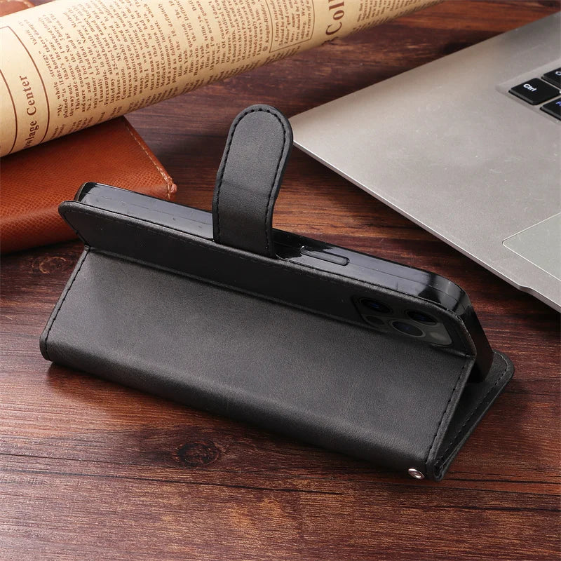 Leather iPhone 16 Plus zipper wallet case with card slots and magnetic stand, featuring a sleek design for R.E.D. Shopping phone accessories.
