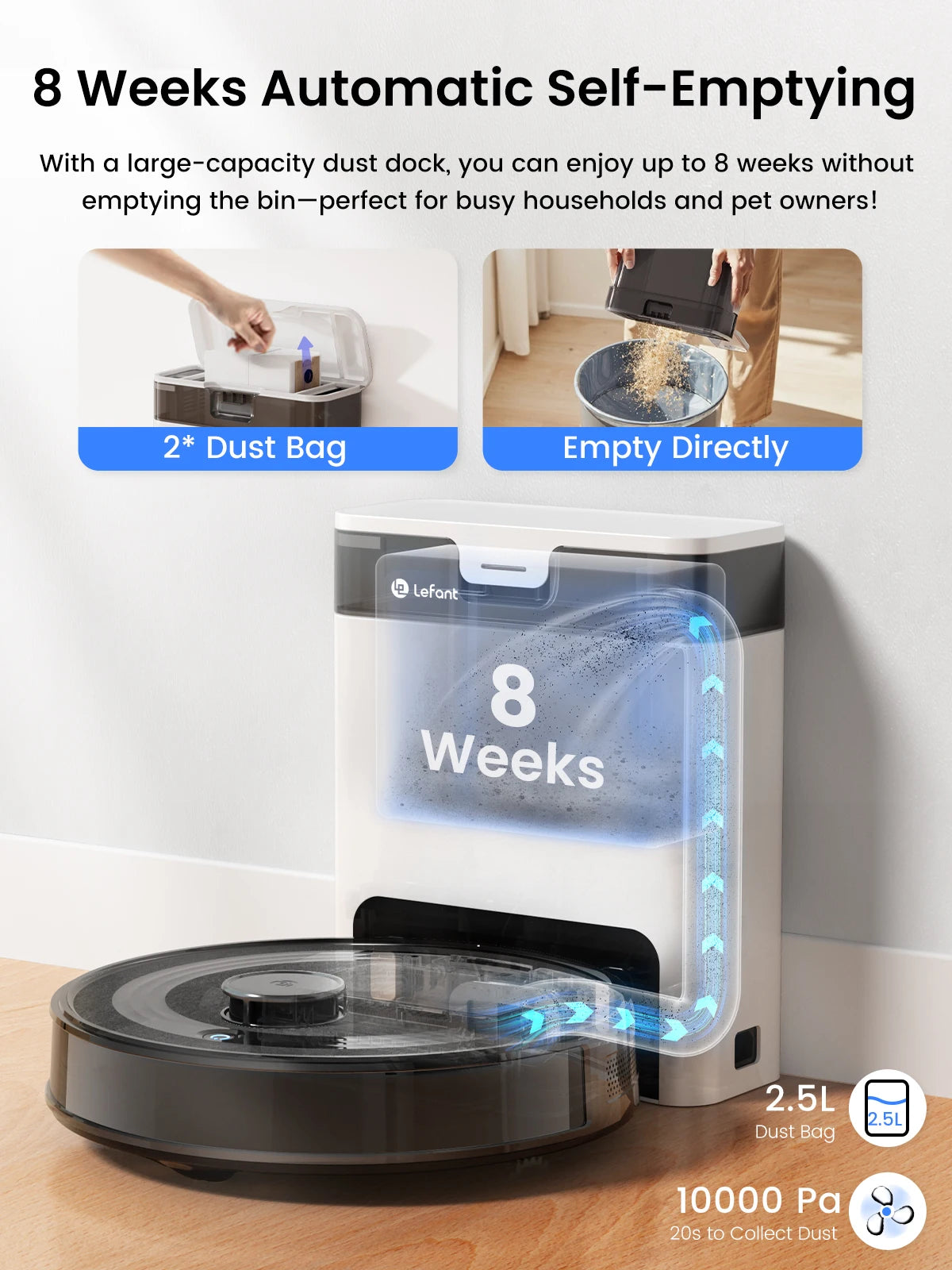 Lefant M2S Pro Robot Vacuum Cleaner – 10,000Pa, 240 Min, DTOF Laser Navigation, Auto-Empty, Ideal for Pet Hair