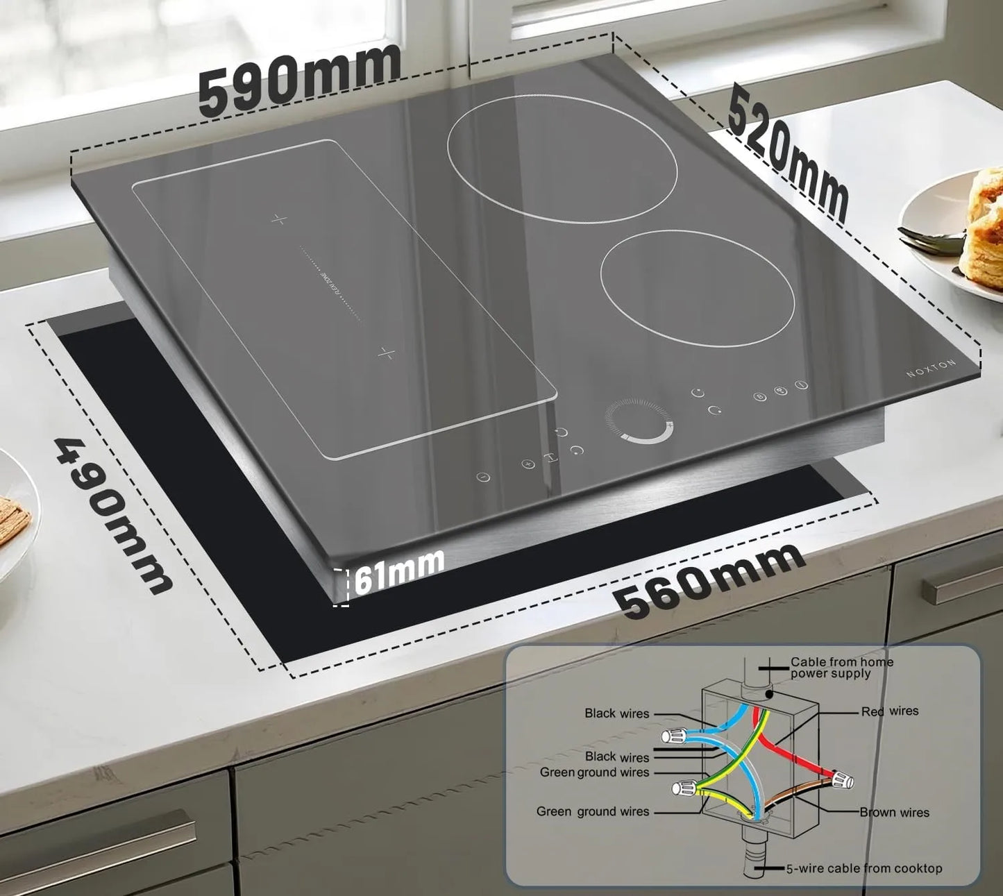 NOXTON 24" Induction Hob | 4 Burners + Flex Zone | 7200W | Power Boost | 230V