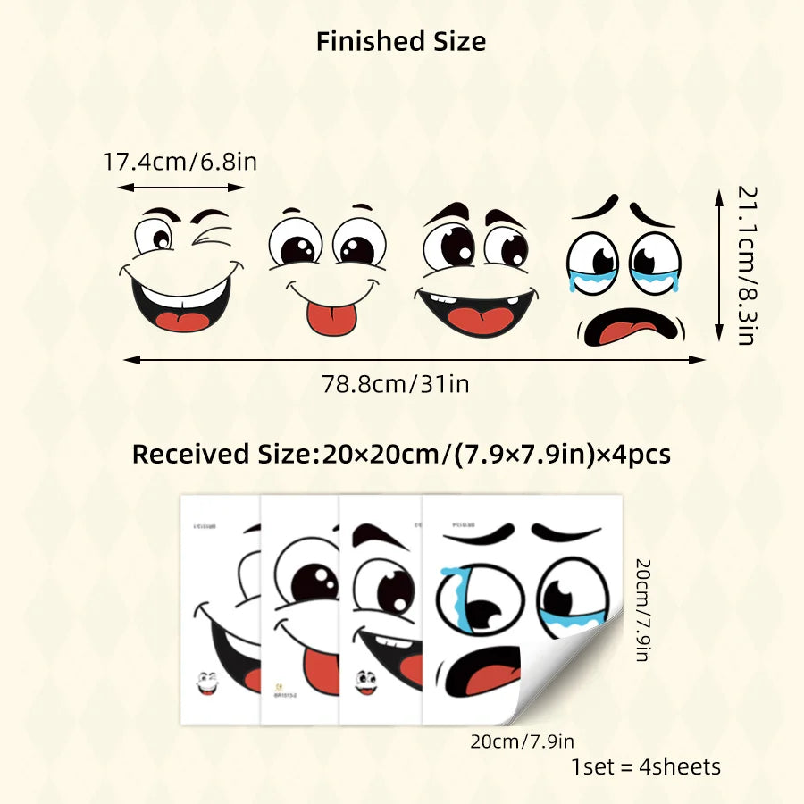 Cartoon Face Stickers 4-Sheet Set | Fun Home Decor for Trash Cans & Toilet