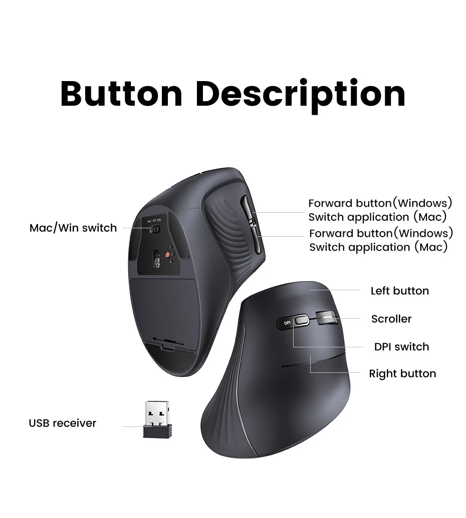 UGREEN Vertical Ergonomic Mouse – Bluetooth 5.0 & 2.4G Wireless, 4000DPI, 6 Silent Buttons, for Mac & PC