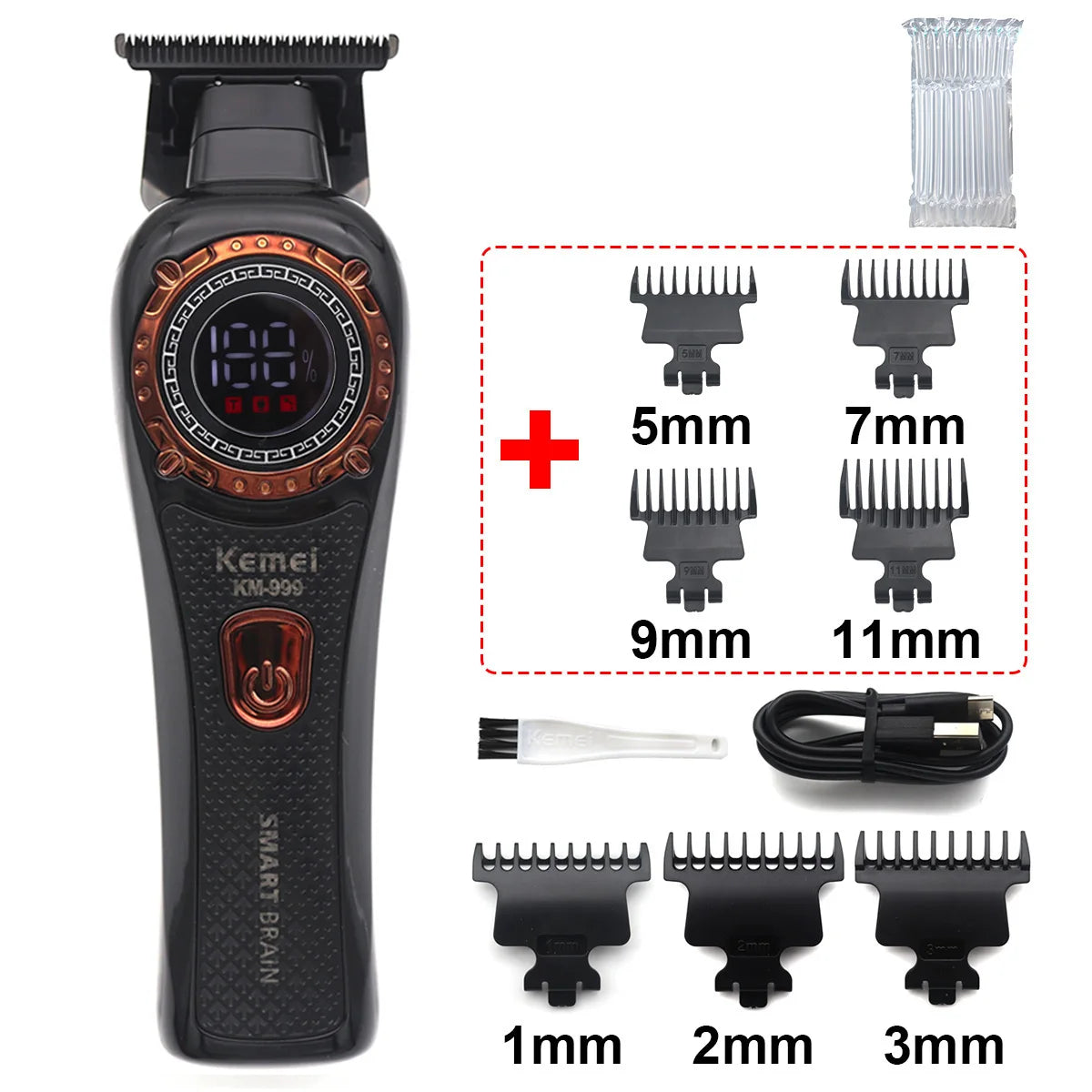 Kemei KM-999 Professional Hair Trimmer – DLC T-Blade, Zero Gap, LED Display, Cordless USB Clipper