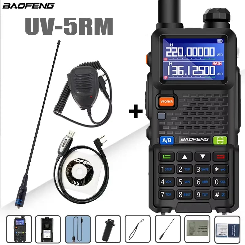 Baofeng UV-5RM walkie talkie with four-band radio, large 3800mAh battery, and display screen, shown in black and gray.