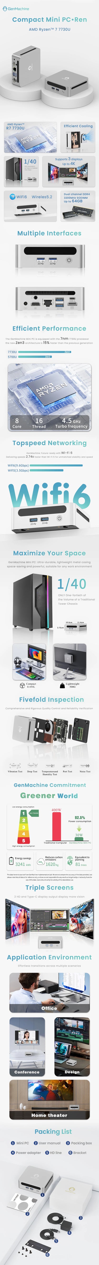 GenMachine Mini PC – AMD Ryzen 7 7730U, 8-Core, DDR4 3200MHz, 256/512GB SSD, WiFi 6, BT 5.2, Windows 11