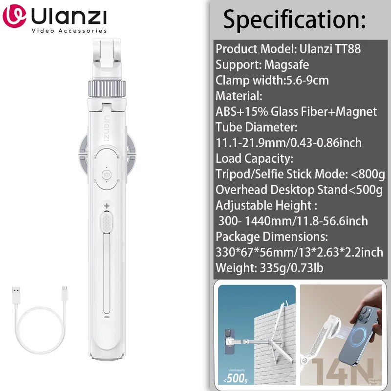 Ulanzi TT88 1.44M Overhead Selfie Stick Tripod – Magnetic Clamp, Wireless Remote, for Vlog & Live
