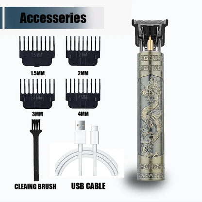 R.E.D. Shopping T9 professional hair clipper with USB fast charging, beard and body trimmer, shown with adjustable blades and attachment guards.