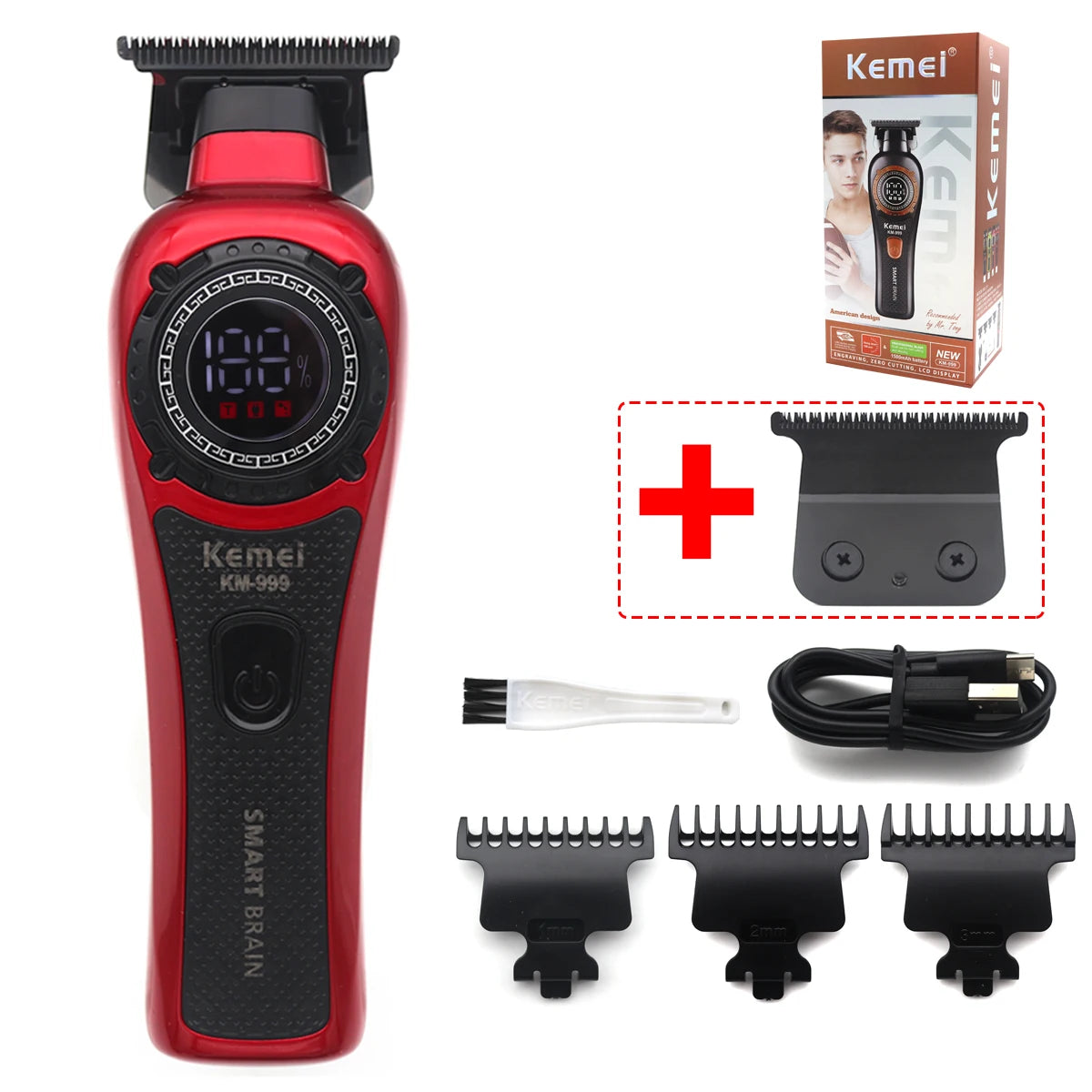 Kemei KM-999 Professional Hair Trimmer – DLC T-Blade, Zero Gap, LED Display, Cordless USB Clipper