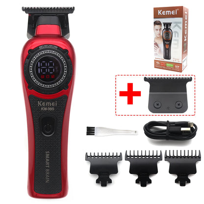 Kemei KM-999 Professional Hair Trimmer – DLC T-Blade, Zero Gap, LED Display, Cordless USB Clipper
