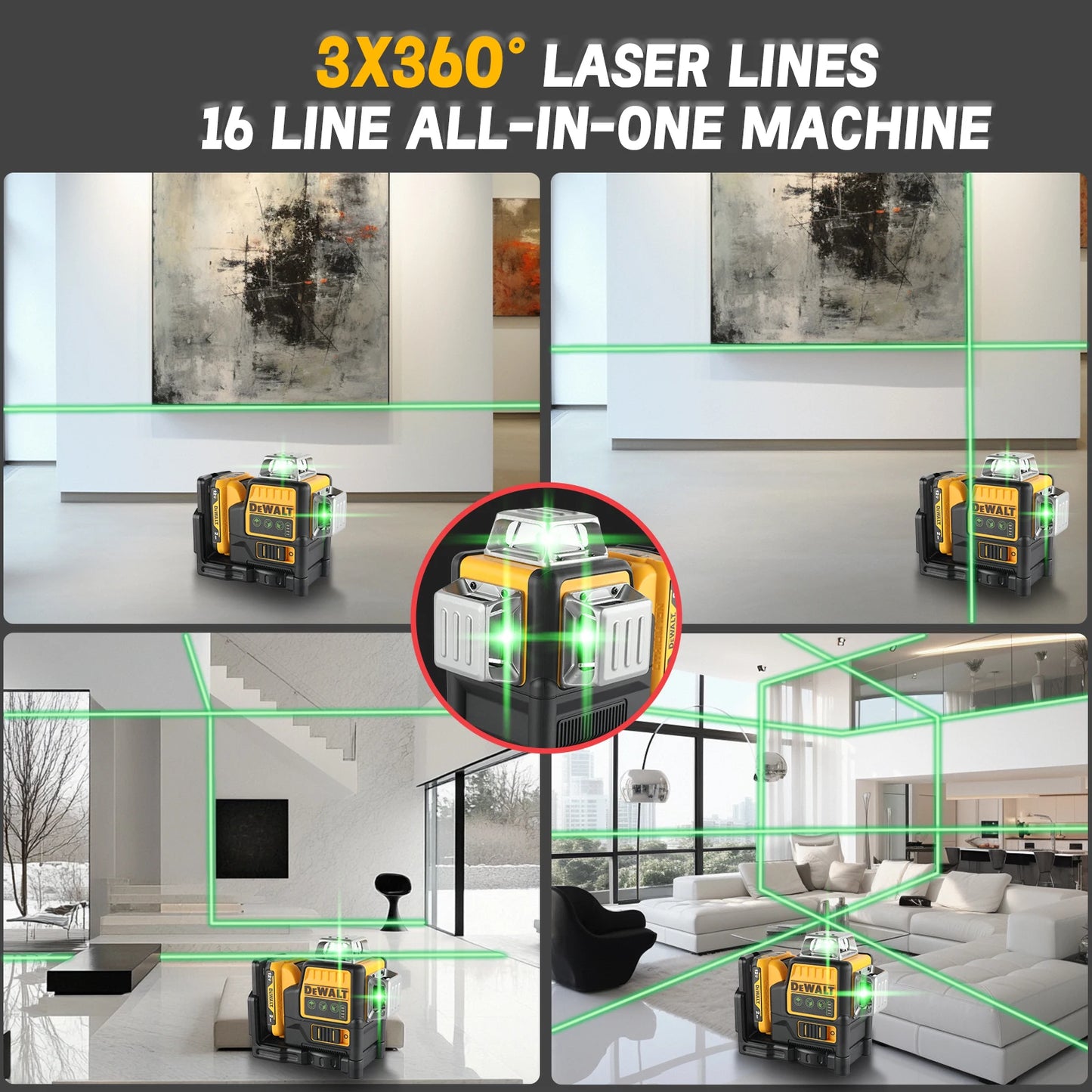 DW089LG 12V Green Laser Level – 3-Sided 360° Vertical & Horizontal 12 Lines