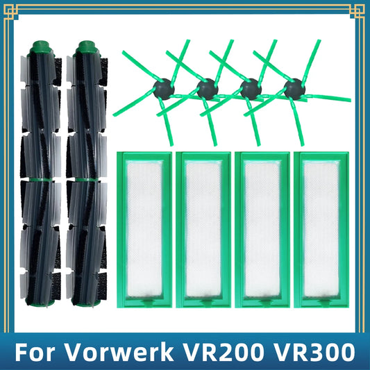 Replacement spare parts for Vorwerk Kobold VR200 and VR300 robot vacuum cleaner, showing various vacuum accessories.