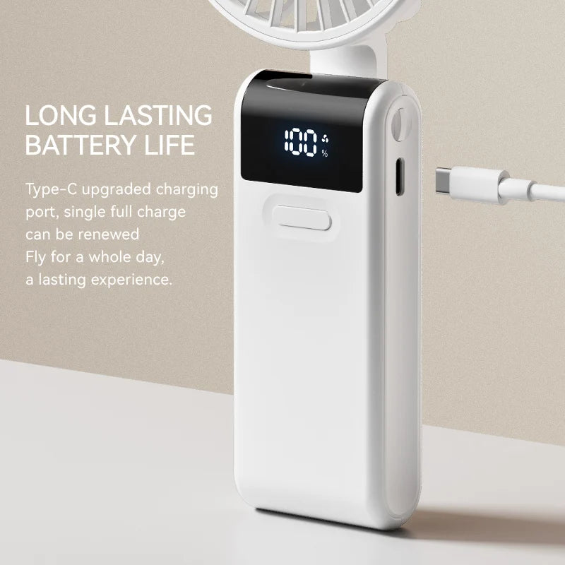 WO.Poblwc Handheld Mini Fan – 1800mAh Foldable, 5-Speed USB Rechargeable, Neck Hanging, Phone Stand, for Home & Outdoor