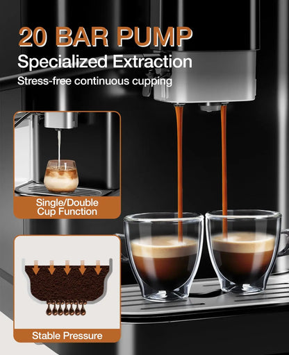 20 Bar Fully Automatic Espresso Machine – Built-in Grinder, Milk Frother, 6 Recipes, 1.5L Tank