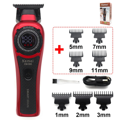 Kemei KM-999 Professional Hair Trimmer – DLC T-Blade, Zero Gap, LED Display, Cordless USB Clipper