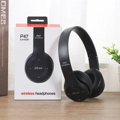 Wireless Bluetooth 5.0 foldable headset with head-mounted design, featuring TF card slot and wired connection option.