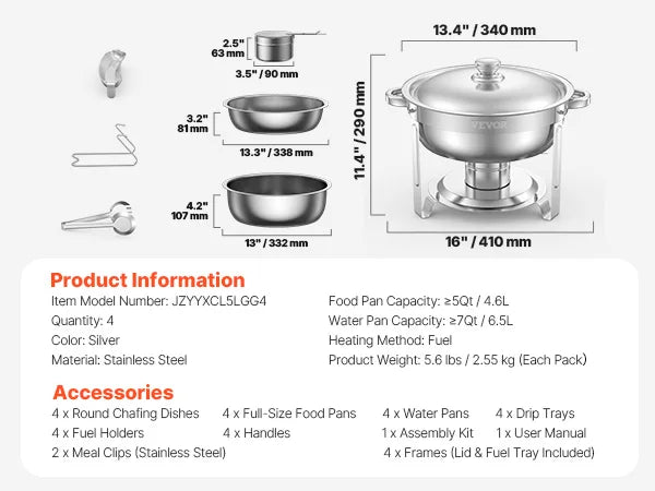 SucceBuy 4-Pack Round Chafing Dish Buffet Set – Stainless Steel Catering Warmer