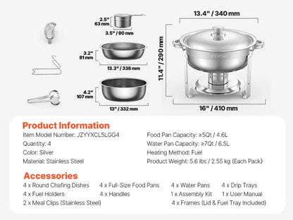 SucceBuy 4-Pack Round Chafing Dish Buffet Set – Stainless Steel Catering Warmer
