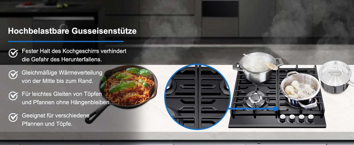 Black glass built-in gas hob with 4 burners, cast iron grates, flame failure protection, suitable for NG or LPG dual fuel systems.