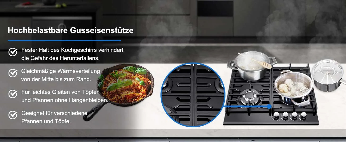 Black glass built-in gas hob with 4 burners, cast iron grates, flame failure protection, suitable for NG or LPG dual fuel systems.