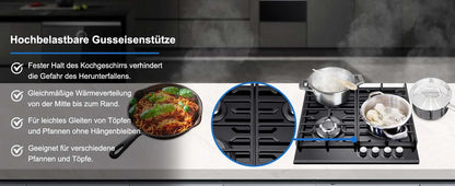 Black glass built-in gas hob with 4 burners, cast iron grates, flame failure protection, suitable for NG or LPG dual fuel systems.