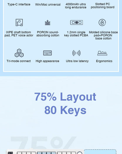 AULA F75 Mechanical Keyboard – 75% Layout, Tri-Mode (2.4G/BT/USB), RGB, Hot-Swap, PBT Keycaps