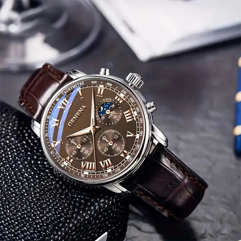 Geneva men's luxury quartz watch with leather strap, Roman numerals, water-resistant, stylish accessory by R.E.D. Shopping.