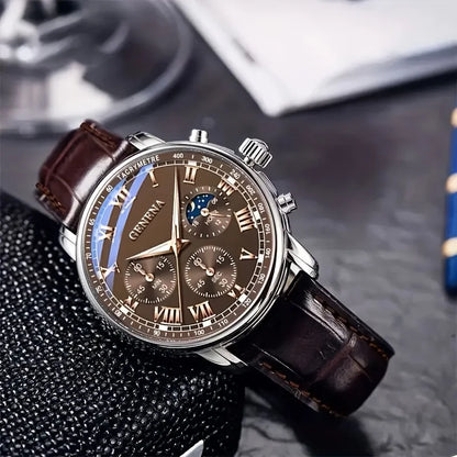Geneva men's luxury quartz watch with leather strap, Roman numerals, water-resistant, stylish accessory by R.E.D. Shopping.