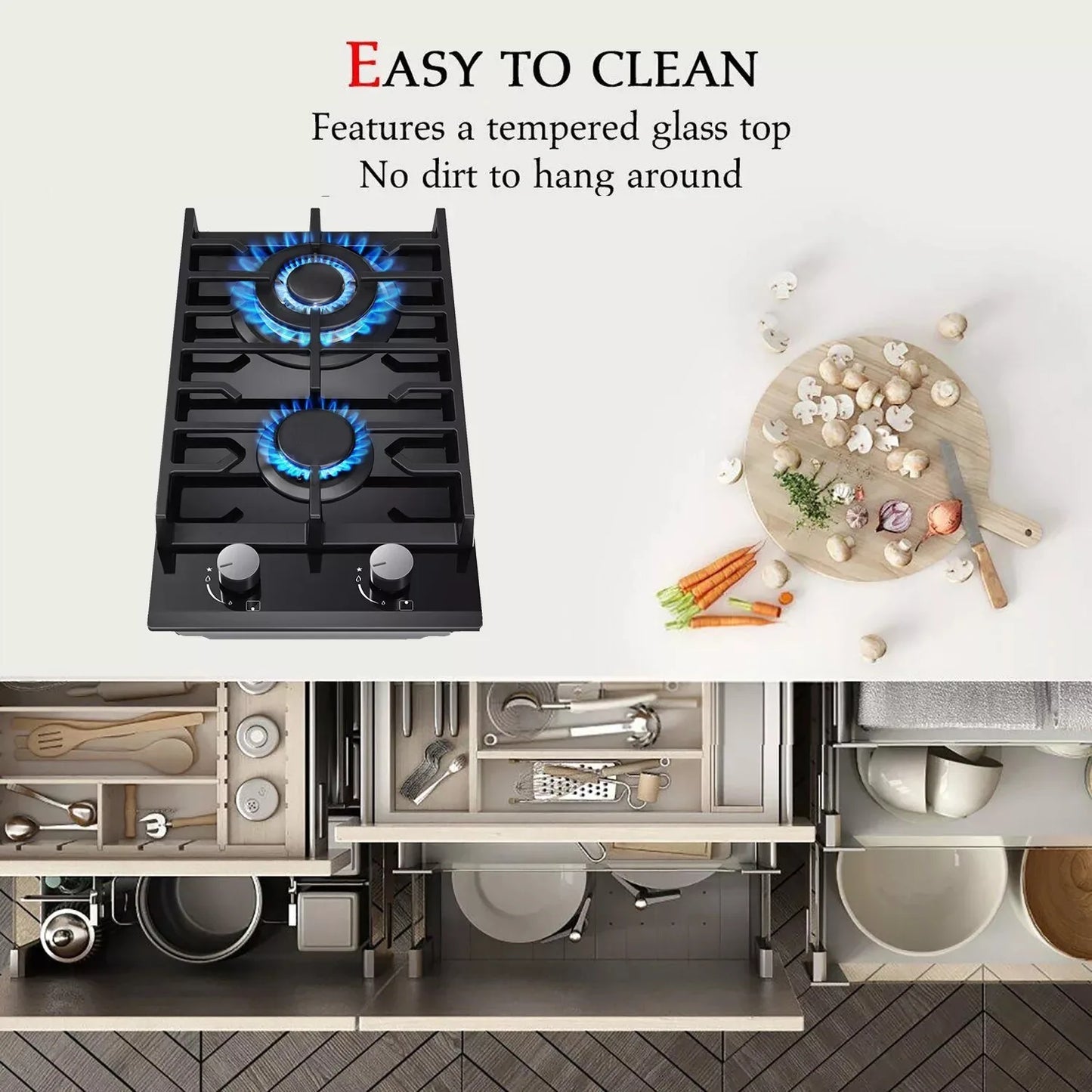 TopStrong 2-Burner Built-In Gas Hob 30cm – Tempered Glass, NG/LPG Dual Fuel (UKGCT-B02)