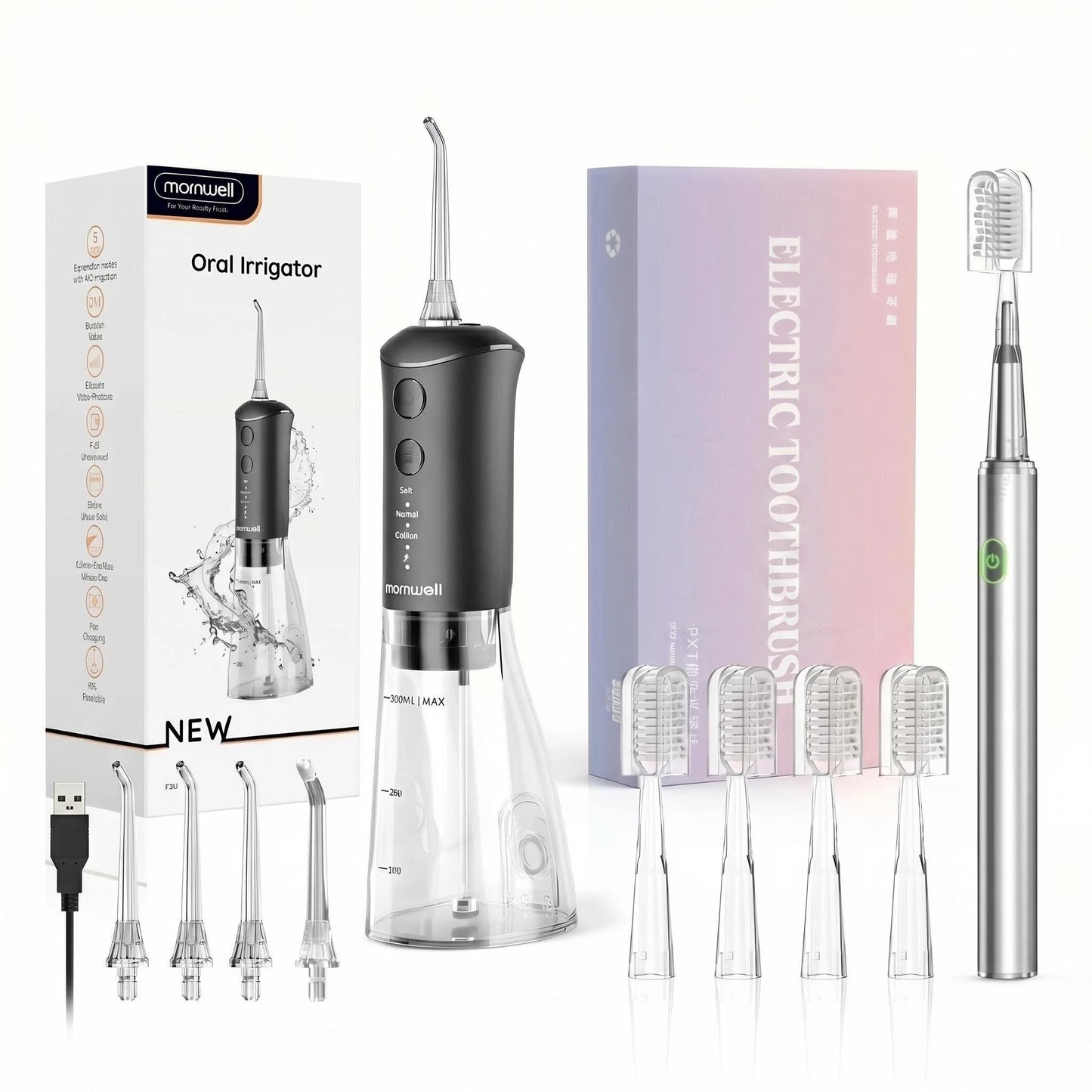 Electric Toothbrush & Water Flosser Combo – 3 Pressure Modes, 6 Jet Tips, 4 Brush Heads, 300ml Tank
