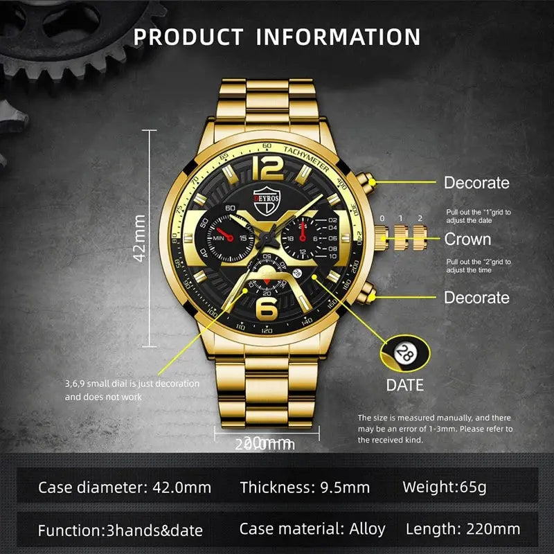 R.E.D. Shopping DEYROS 5-piece men's watch and jewelry gift set with quartz calendar watch, necklace, and bracelet.