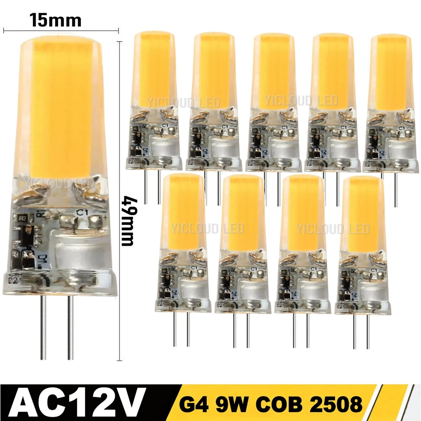10pcs G4 / G9 / E14 LED COB Bulbs – Dimmable 6W 9W, 12V/220V, Halogen Replacement