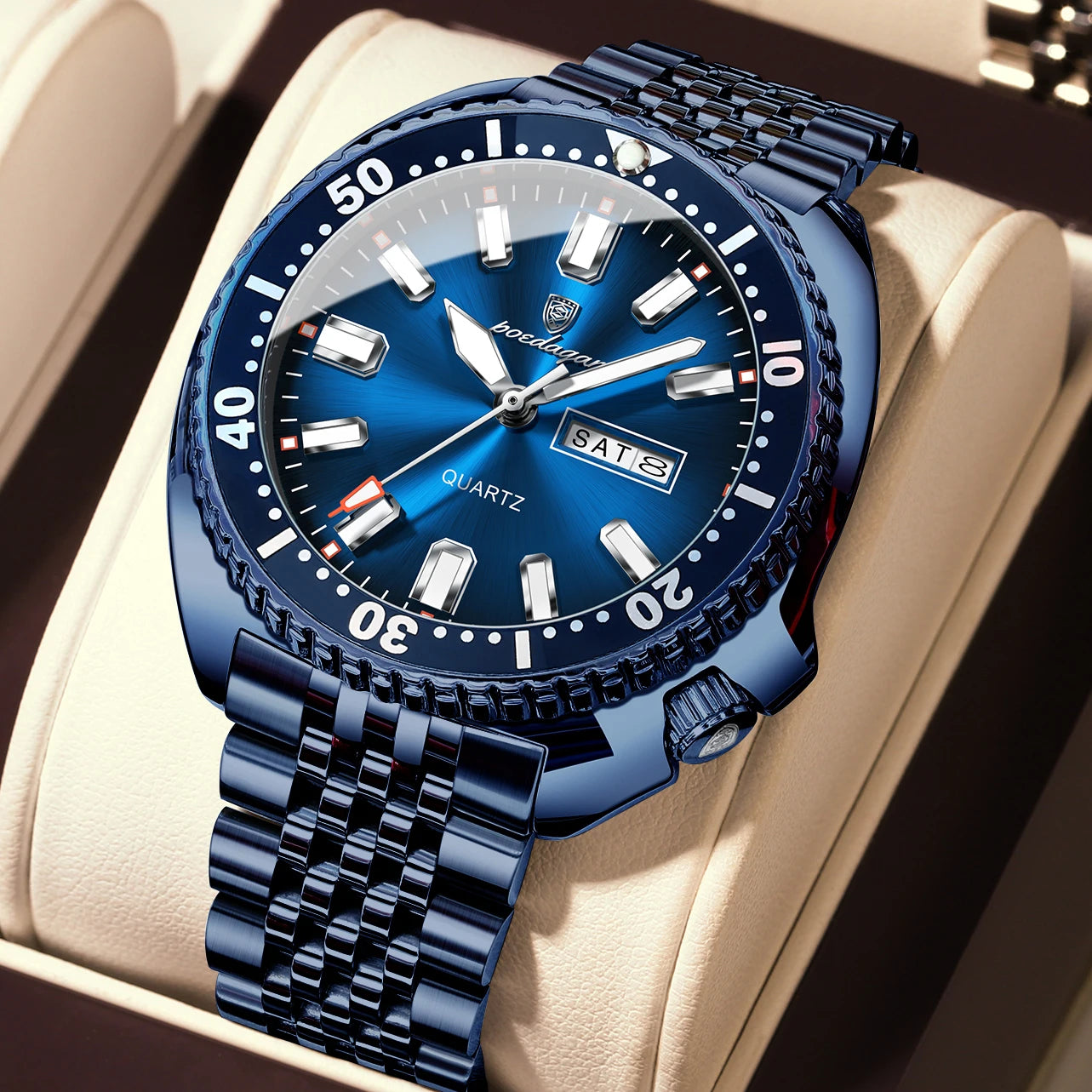 POEDAGAR Luxury Men's Quartz Watch – Date, Week, Luminous & Waterproof Stainless Steel