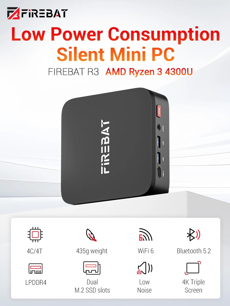 FIREBAT R3 Mini PC AMD Ryzen 3 4300U | 16GB RAM | 512GB SSD | WiFi 6 | 3×4K | Windows 11