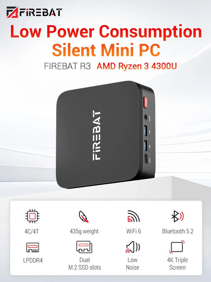 FIREBAT R3 Mini PC AMD Ryzen 3 4300U | 16GB RAM | 512GB SSD | WiFi 6 | 3×4K | Windows 11