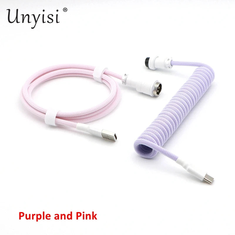 Handmade paracord and PET coiled USB-A to USB-C cable with GX16 aviator connector for mechanical keyboards, by R.E.D. Shopping.