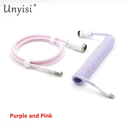 Handmade paracord and PET coiled USB-A to USB-C cable with GX16 aviator connector for mechanical keyboards, by R.E.D. Shopping.