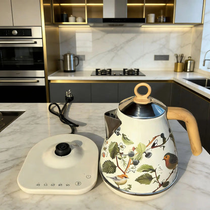 Retro Decal Electric Kettle – 1.7L, 304 Stainless Steel, Temperature Control, Wood Grain Handle