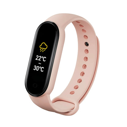 R.E.D. Shopping M6 Smart Fitness Bracelet showing heart rate monitor, sleep tracking display, and waterproof design.