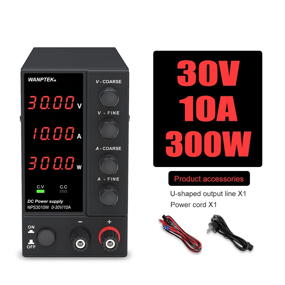 Wanptek Adjustable DC Lab Bench Power Supply – 30V/10A, 60V/5A, 120V/3A