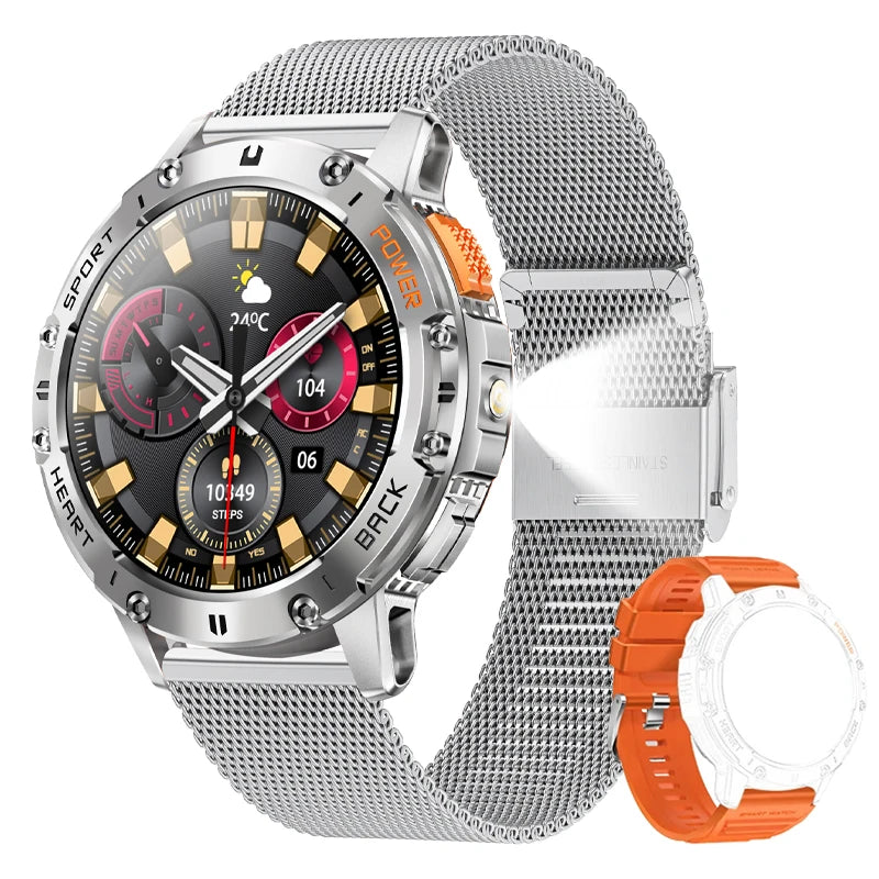 AMOLED Smart Watch for Men – Flashlight, Sports, Waterproof, Bluetooth Call + Box