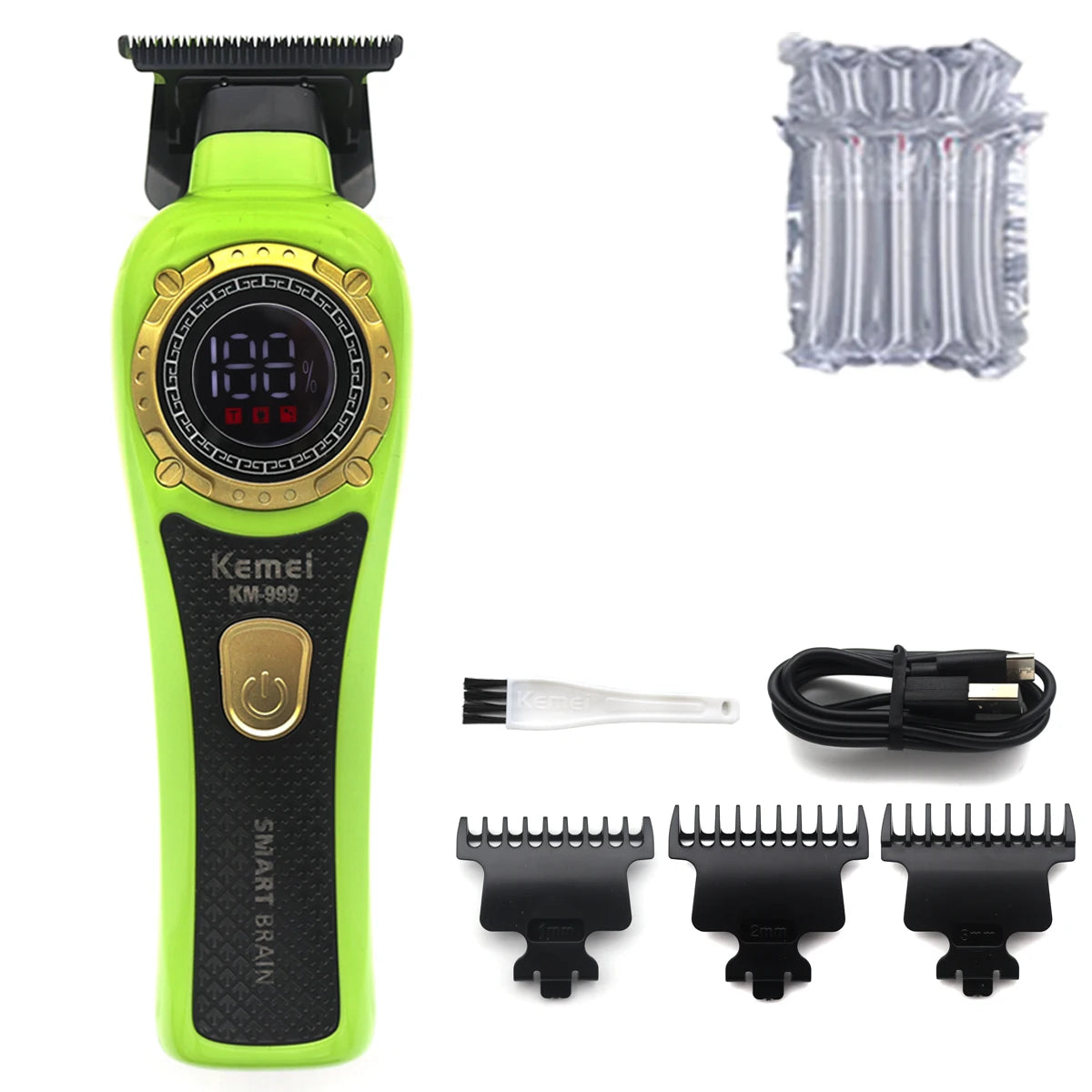Kemei KM-999 Professional Hair Trimmer – DLC T-Blade, Zero Gap, LED Display, Cordless USB Clipper