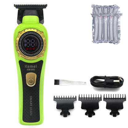 Kemei KM-999 Professional Hair Trimmer – DLC T-Blade, Zero Gap, LED Display, Cordless USB Clipper