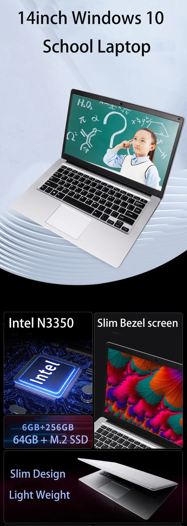 GMOLO 14" Netbook – Intel Celeron N3350, 4/6GB RAM, up to 256GB SSD, Wi-Fi, Windows 10