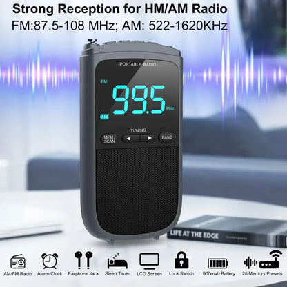 Mini AM/FM Portable Radio – Pocket Stereo Speaker, Rechargeable, Alarm Clock for Outdoor