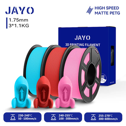 JAYO PETG/High Speed Matte PETG 3D Printing Filament 1.75MM Mix-Colors & No bubbles &Non-toxic For 3D Printer & Pen 3Rolls