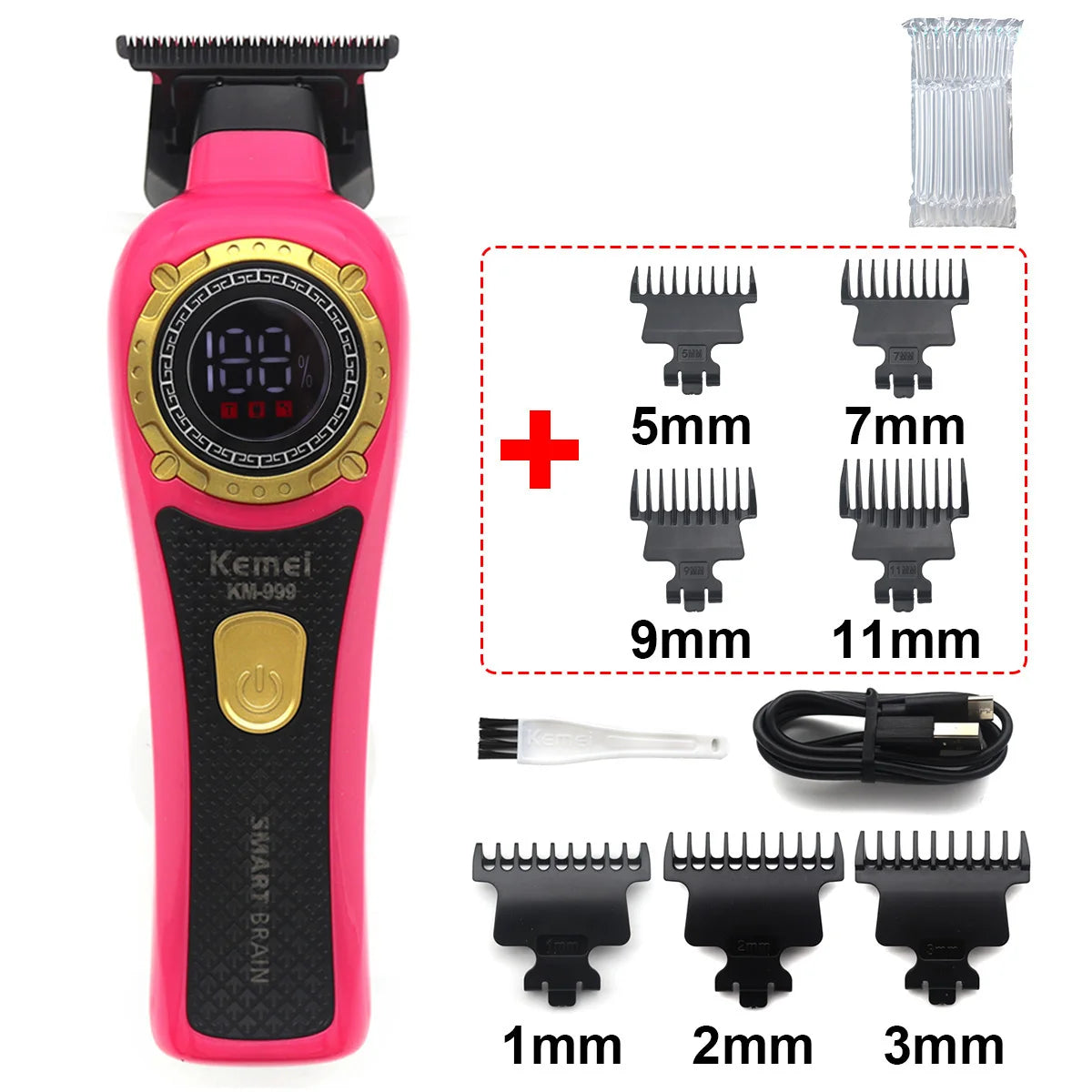Kemei KM-999 Professional Hair Trimmer – DLC T-Blade, Zero Gap, LED Display, Cordless USB Clipper
