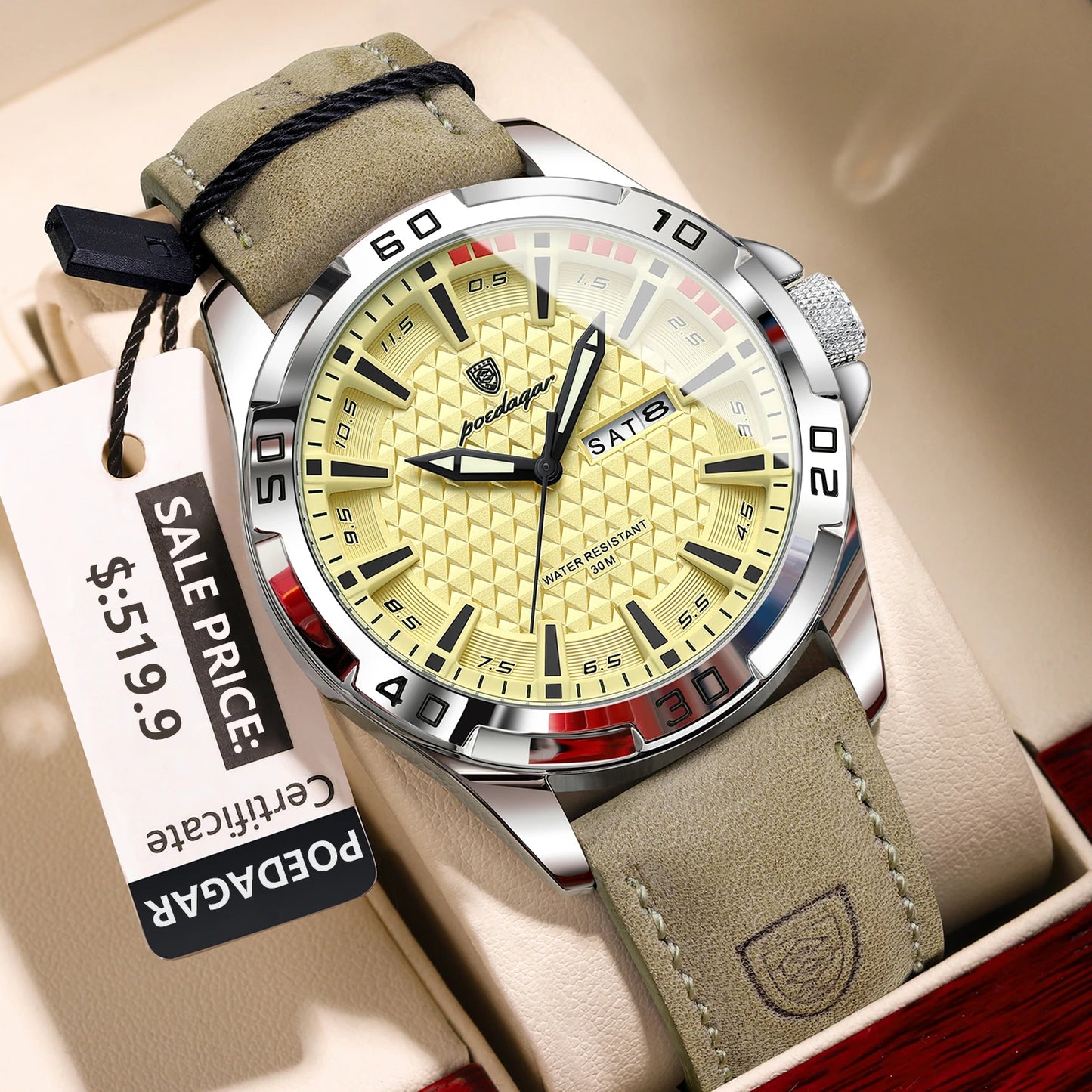 POEDAGAR Men's Luxury Wristwatch – Waterproof, Luminous, Date & Week Display, Quartz Sport Leather