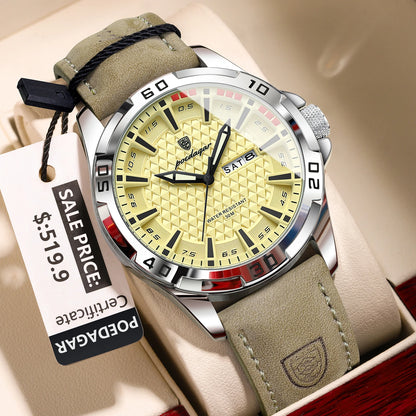 POEDAGAR Men's Luxury Wristwatch – Waterproof, Luminous, Date & Week Display, Quartz Sport Leather