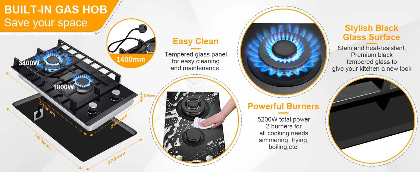 TopStrong 2-Burner Built-In Gas Hob 30cm – Tempered Glass, NG/LPG Dual Fuel (UKGCT-B02)