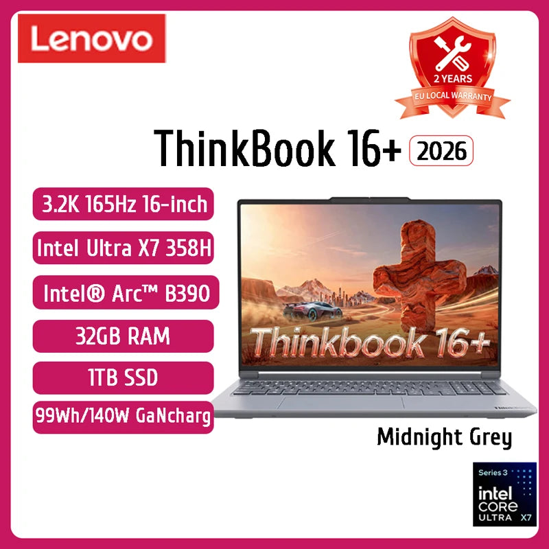 Lenovo ThinkBook 16+ Laptop – Intel Arc 140T, 32GB DDR5, 1TB SSD, 3.2K 165Hz